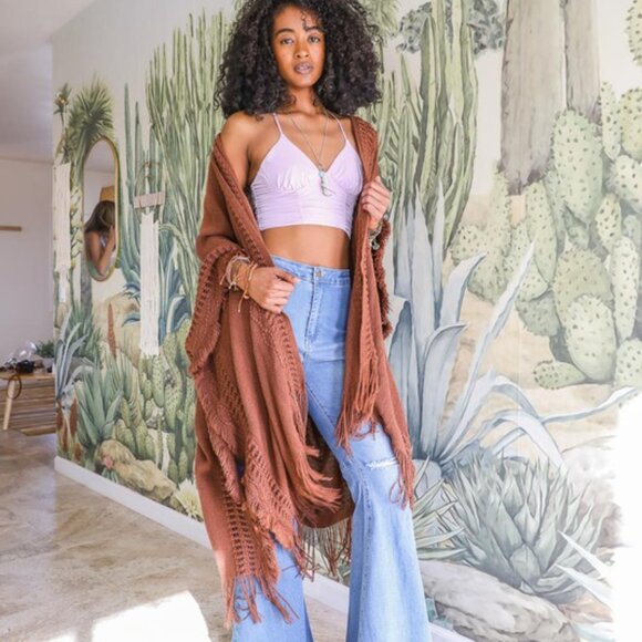 New Bohemian Knit Brown Fringe Long Cardigan Sweater Hippie Top Duster Western - Picture 2 of 3